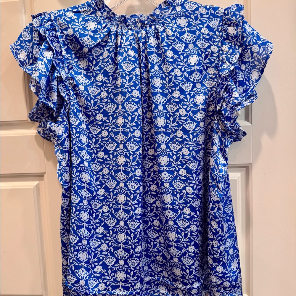 Pinch S Blue Floral Ruffle Sleeve Women's Top